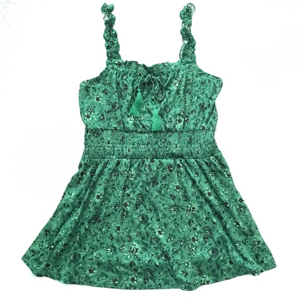 Lily Morgan Mini Dress Floral S Royal Green Black Tie Front Smocked Waist - Picture 1 of 16